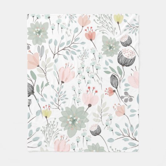 熱帯の緑とピンクの花と葉柄 フリースブランケット (正面)