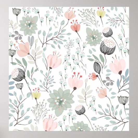 熱帯の緑とピンクの花と葉柄 ポスター (正面)