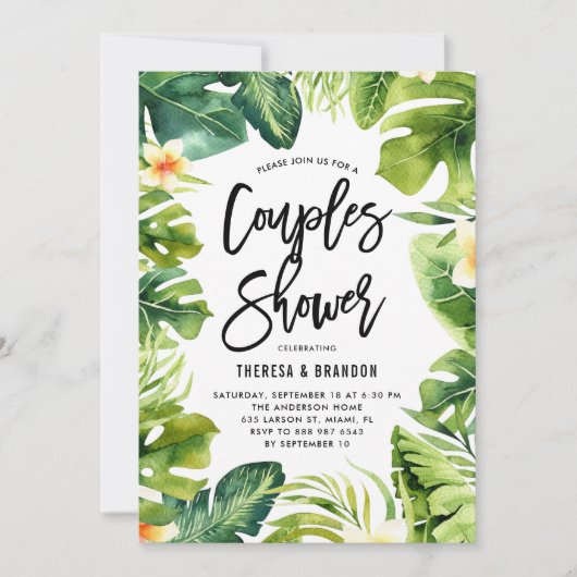 熱帯の緑とプルメリアのカップルがシャワー 招待状 (正面)