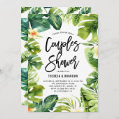 熱帯の緑とプルメリアのカップルがシャワー 招待状 (正面/裏面)