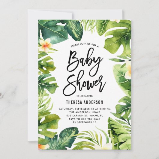 熱帯の緑とプルメリアの赤ちゃんシャワー 招待状 (正面)