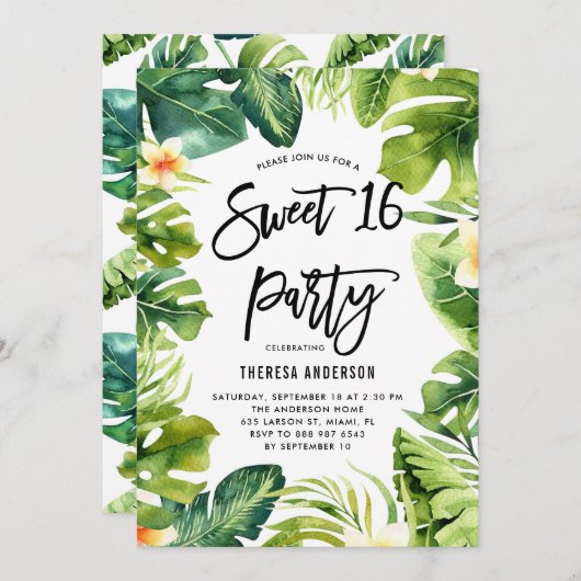 熱帯の緑とプルメリアズスウィート16パーティー 招待状 (正面/裏面)