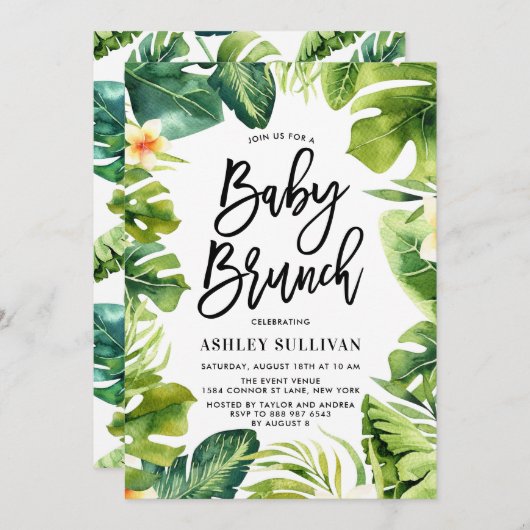熱帯の緑とプルメリア赤ちゃんシャワーブランチ 招待状 (正面/裏面)