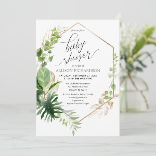 熱帯の緑と金ゴールドのエレガント赤ちゃんシャワー 招待状 (スタンド正面)