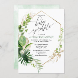 熱帯の緑と金ゴールドエレガントベビー 招待状