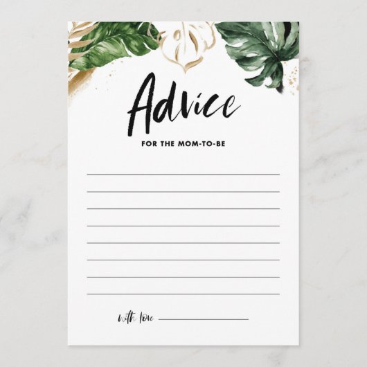 熱帯の緑と金箔の夏の赤ちゃんシャワー アドバイスカード (正面)