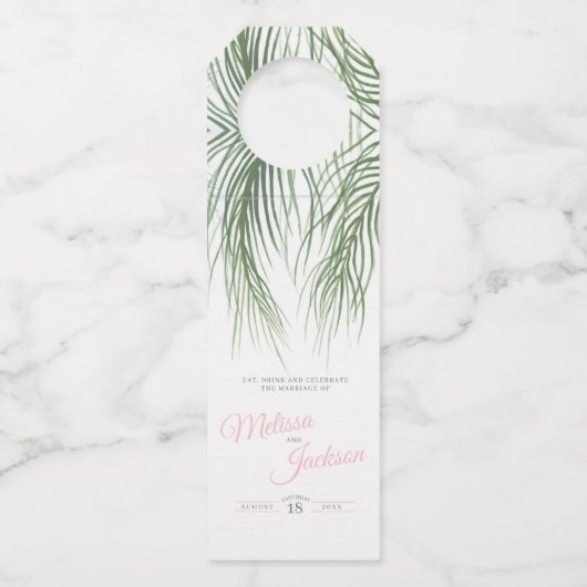 熱帯の緑のピンクのヤシの花の花の花の水の色結婚の数 ボトルネックタグ (正面)