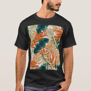 熱帯の緑のベージュ葉の、シームレスなパターン。 Tシャツ