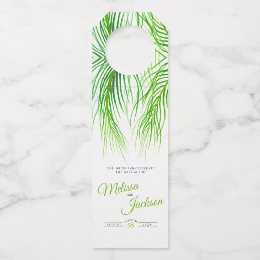 熱帯の緑のヤシの花の花の花の花の水の色の結婚アート ボトルネックタグ (正面)
