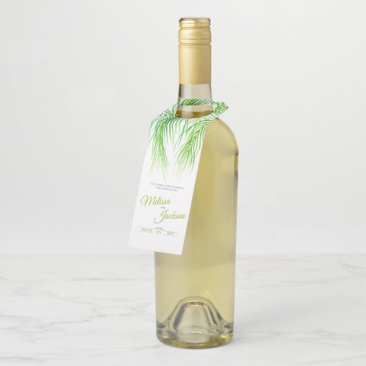 熱帯の緑のヤシの花の花の花の花の水の色の結婚アート ボトルネックタグ (アングル)