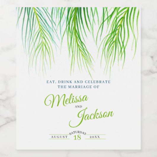 熱帯の緑のヤシの花の花の花の花の水の色の結婚アート ワインラベル (シングルラベル)