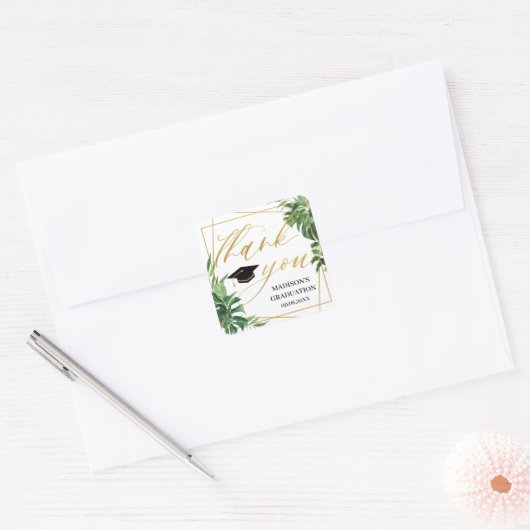 熱帯の緑の卒業式金ゴールド幾何学的好意 スクエアシール (封筒)