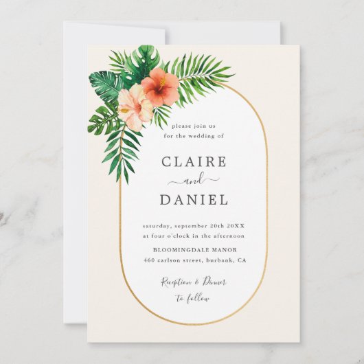熱帯の緑の楕円形の枠結婚枠 招待状 (正面)