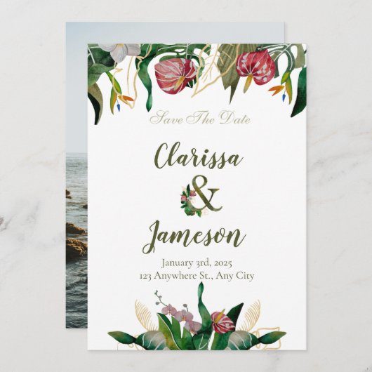 熱帯の緑の水の結婚色の写真 セーブザデート (正面/裏面)