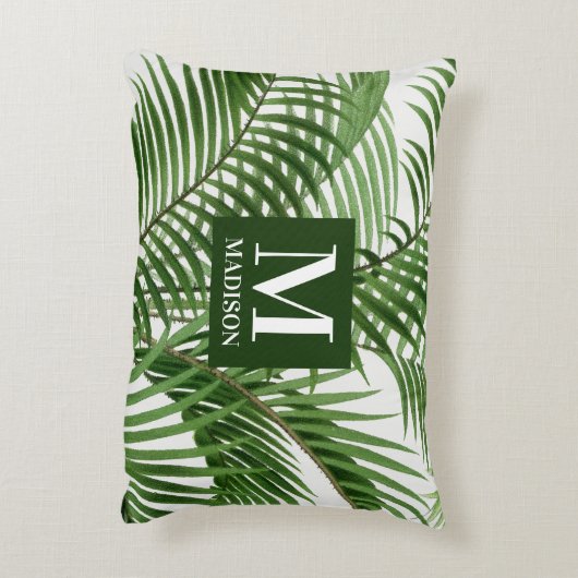 熱帯の緑の水の色のヤシのモノグラムの木 アクセントクッション (裏面(縦))