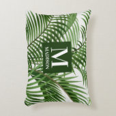 熱帯の緑の水の色のヤシのモノグラムの木 アクセントクッション (正面(垂直))