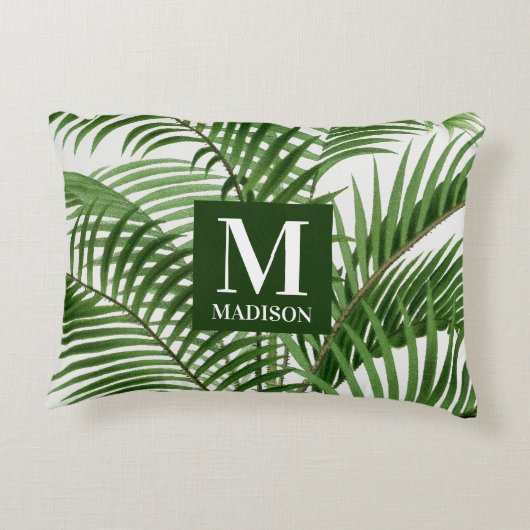 熱帯の緑の水の色のヤシのモノグラムの木 アクセントクッション (裏面)