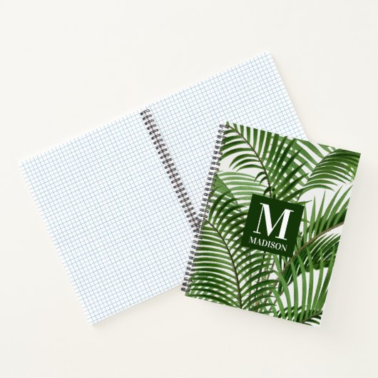 熱帯の緑の水の色のヤシのモノグラムの木 ノートブック (内部)