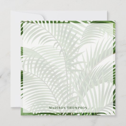 熱帯の緑の水の色のヤシの木葉の ノートカード (正面)