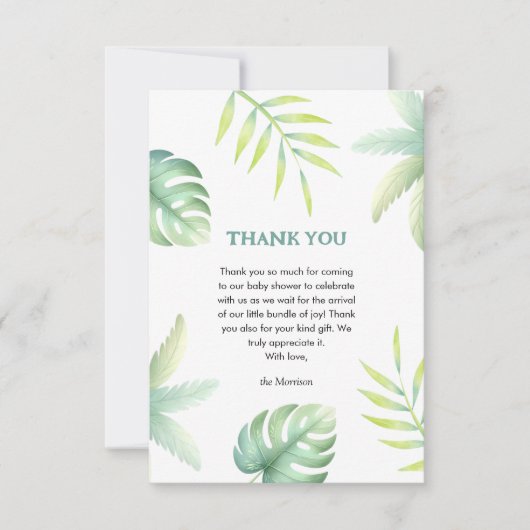熱帯の緑の水の色の緑の赤ちゃんシャワー サンキューカード (正面)