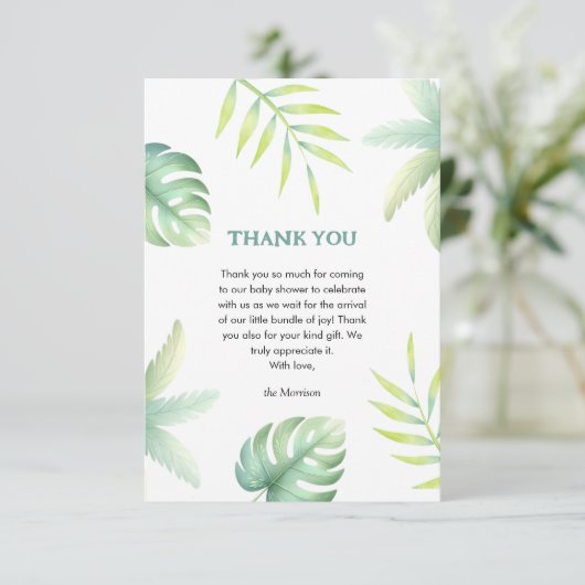 熱帯の緑の水の色の緑の赤ちゃんシャワー サンキューカード (スタンド正面)
