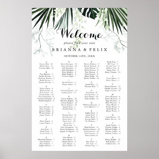 熱帯の緑の白いアルファベットの座席表 ポスター (正面)