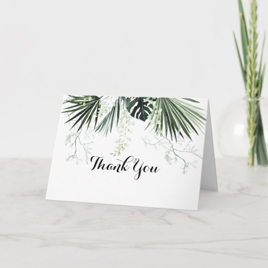 熱帯の緑の白いフローラ折り結婚返し サンキューカード (正面)