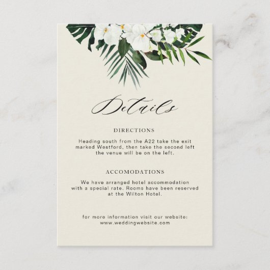 熱帯の緑の白いフローラ結婚詳細 エンクロージャーカード (正面)