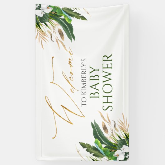熱帯の緑の白い蘭の赤ちゃんシャワーへようこそ 横断幕 (縦)