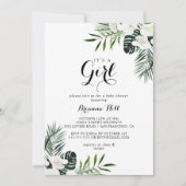 熱帯の緑の白それは女の子の赤ちゃんシャワーだ 招待状 (正面)