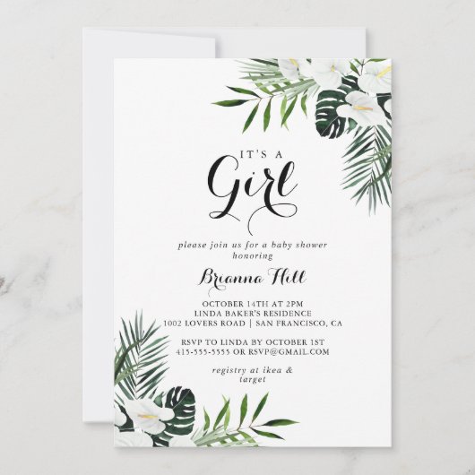 熱帯の緑の白それは女の子の赤ちゃんシャワーだ 招待状 (正面)