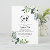 熱帯の緑の白それは女の子の赤ちゃんシャワーだ 招待状 (スタンド正面)