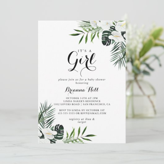 熱帯の緑の白それは女の子の赤ちゃんシャワーだ 招待状 (スタンド正面)