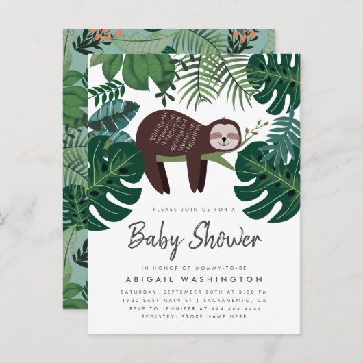 熱帯の緑の眠るナマケモノ赤ちゃんシャワー インビテーションポストカード (正面/裏面)