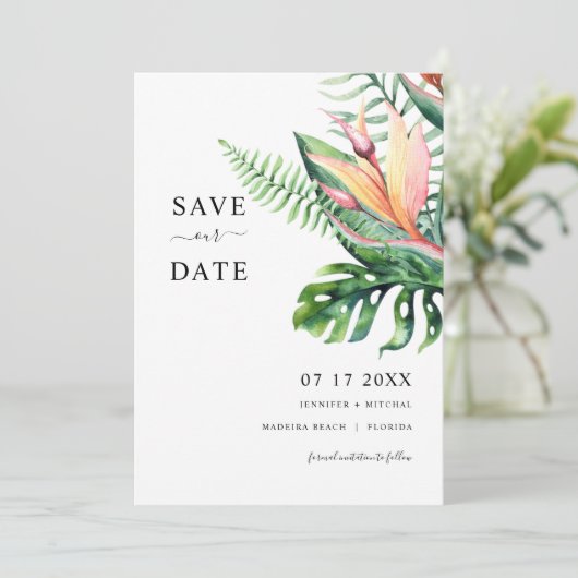 熱帯の緑の花が日付カードを保存 招待状 (スタンド正面)