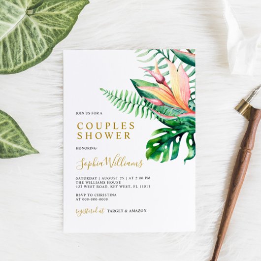 熱帯の緑の花のカップルモダンシャワー 招待状