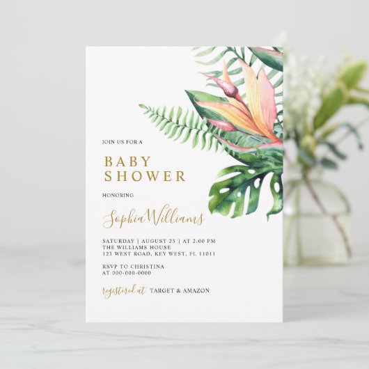 熱帯の緑の花の赤モダンちゃんシャワー 招待状 (スタンド正面)