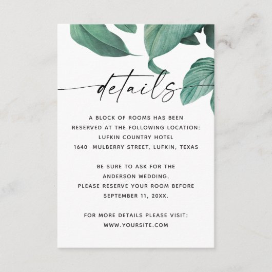 熱帯の緑の葉の台本結婚の詳細 エンクロージャーカード (正面)