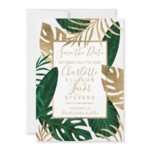 熱帯の緑の葉の金ゴールドは日付結婚を保存