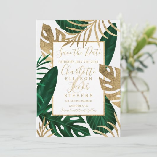熱帯の緑の葉の金ゴールドは日付結婚を保存 セーブザデート (スタンド正面)