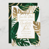 熱帯の緑の葉の金ゴールドは日付結婚を保存 セーブザデート (正面/裏面)