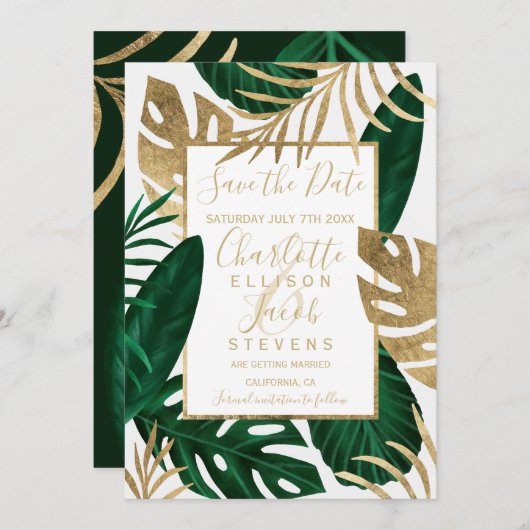 熱帯の緑の葉の金ゴールドは日付結婚を保存 セーブザデート (正面/裏面)