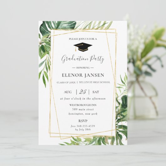 熱帯の緑の葉の金ゴールド幾何学的卒業 招待状 (スタンド正面)