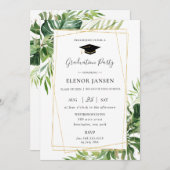 熱帯の緑の葉の金ゴールド幾何学的卒業 招待状 (正面/裏面)