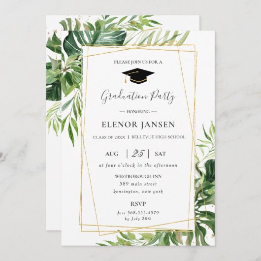 熱帯の緑の葉の金ゴールド幾何学的卒業 招待状 (正面/裏面)