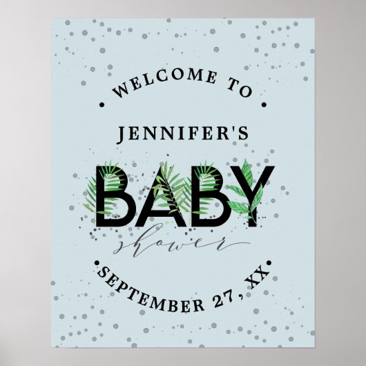 熱帯の緑の葉の青い男の子の赤ちゃんシャワー ポスター (正面)