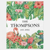 熱帯の緑の葉ピンクのフラミンゴ科 フリースブランケット (正面)