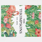 熱帯の緑の葉ピンクのフラミンゴ科 フリースブランケット (正面(横))