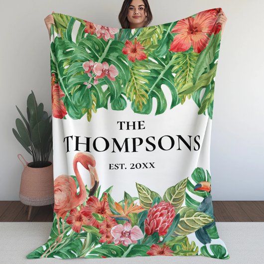 熱帯の緑の葉ピンクのフラミンゴ科 フリースブランケット