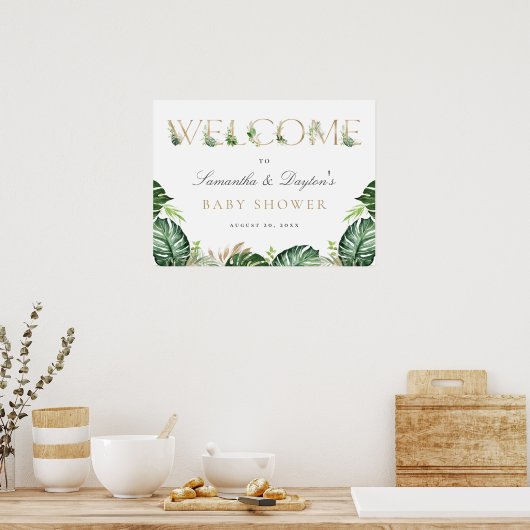 熱帯の緑の金ゴールドの赤ちゃんシャワー歓迎サイン ポスター (キッチン)